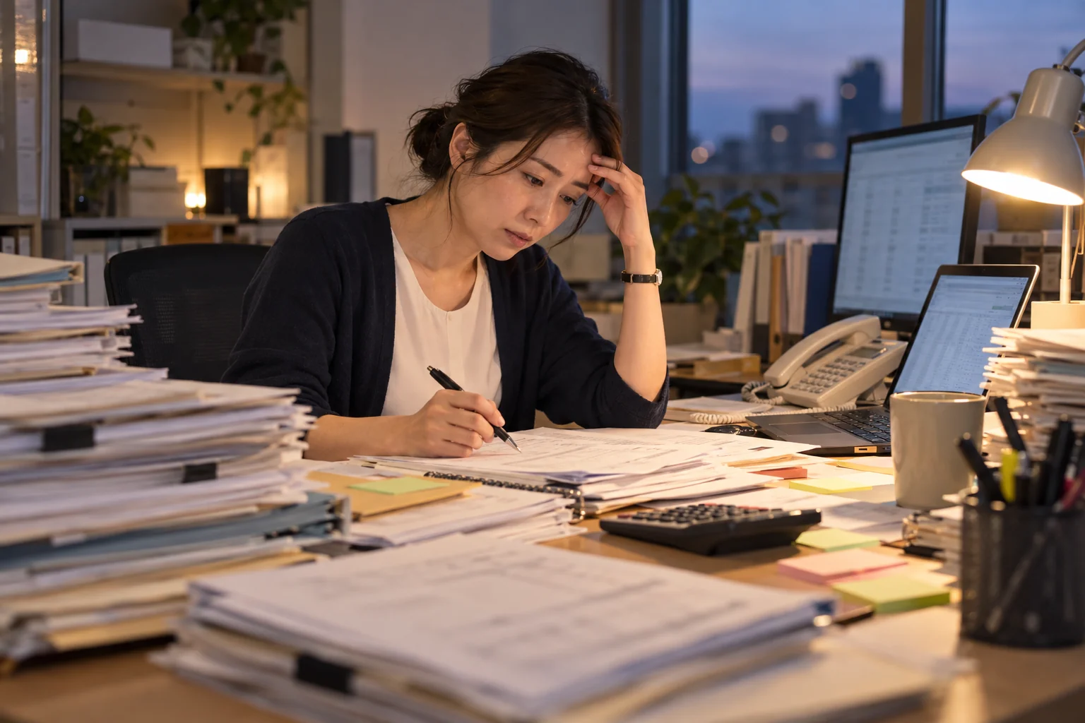 積み重なった書類を前に、夕方まで入力と確認に追われる事務担当者のイメージ