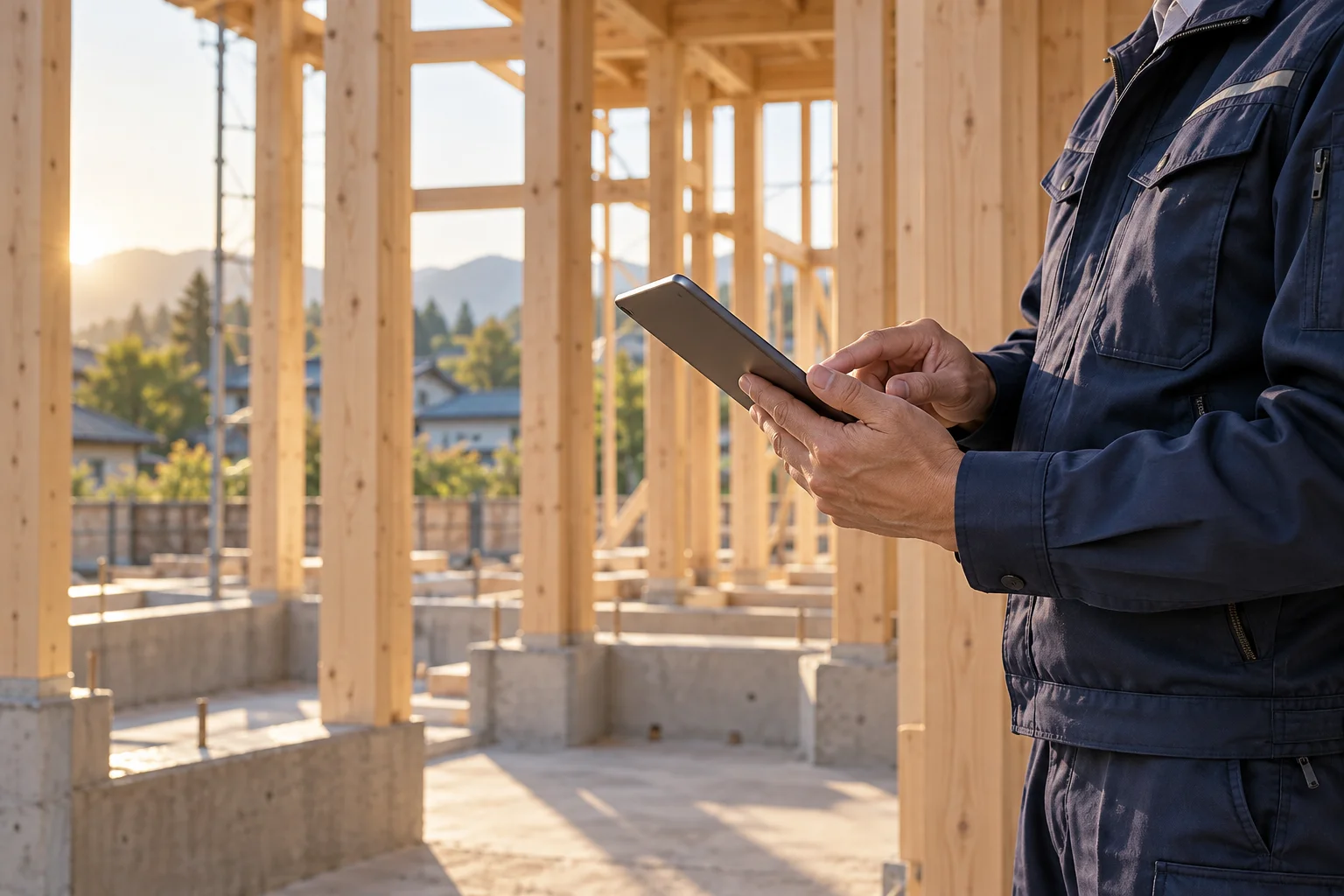 木造の建設現場でタブレットを使う作業者のイメージ